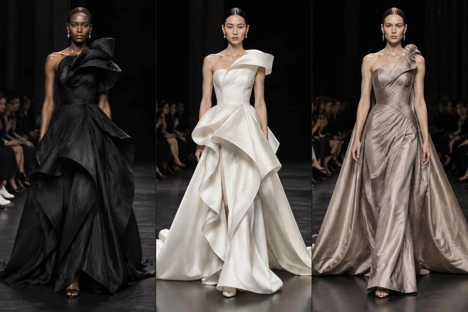 Detailed sculptural couture dresses in ivory silk and black fabric on the runway.